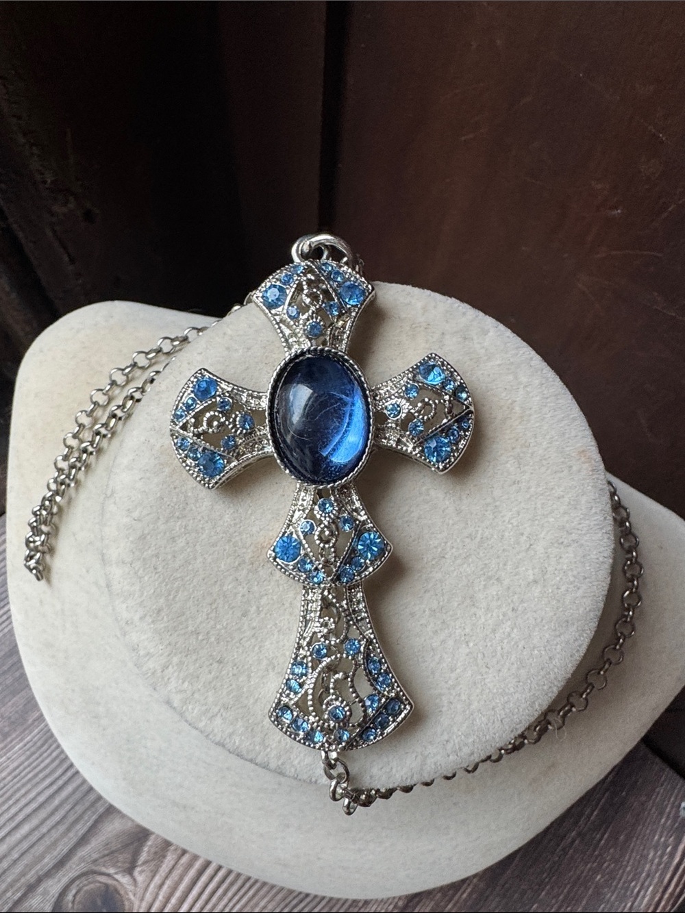 Blue Crystal Cross Pendant Necklace - Silver Tone